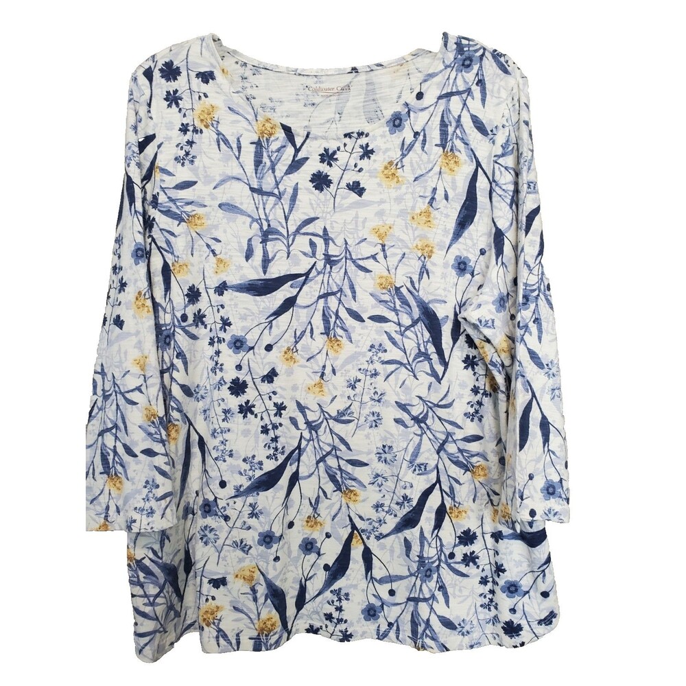 Coldwater Creek Slub Knit Out of the Blue Wildflower Print T-Shirt Size Large